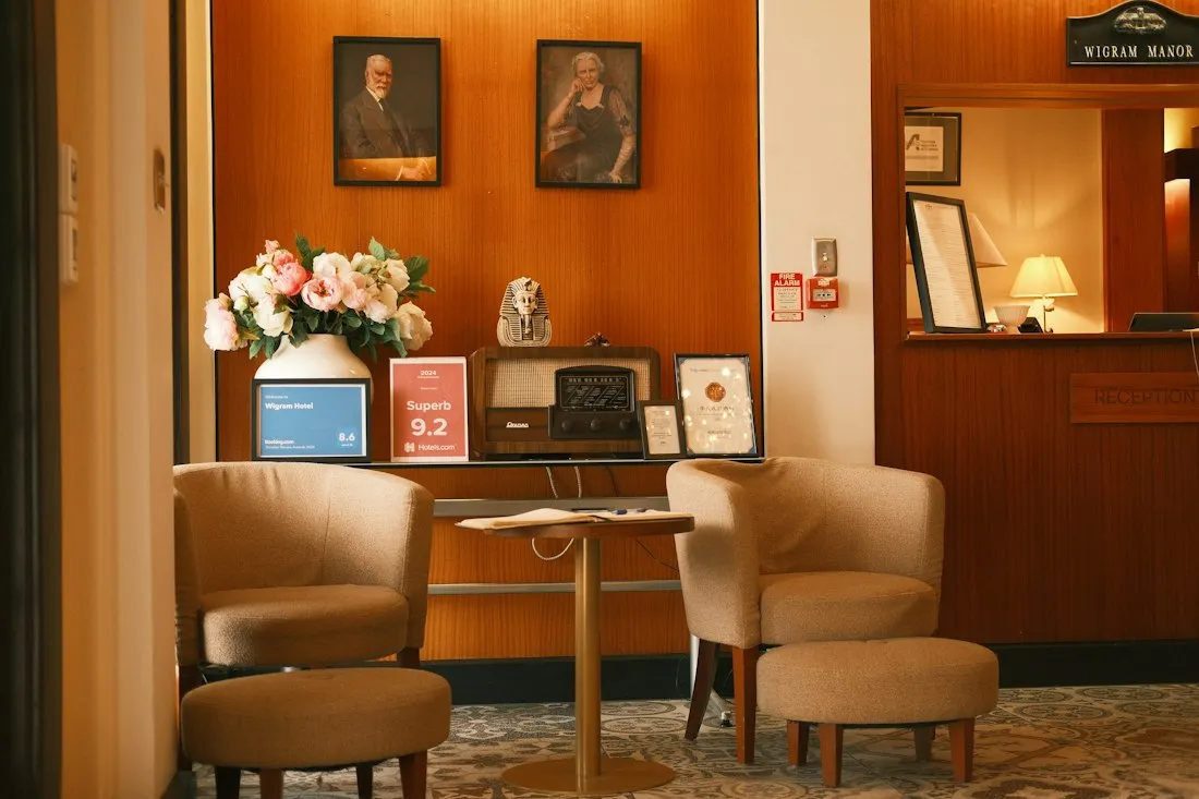 Armchairs in a warm hotel lobby